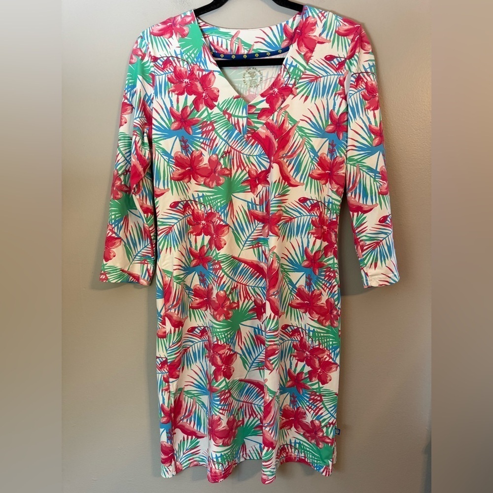 Banana Boat UPF 50+ Women's V-Neck Printed Sleeve Dress Floral Dress Size Medium